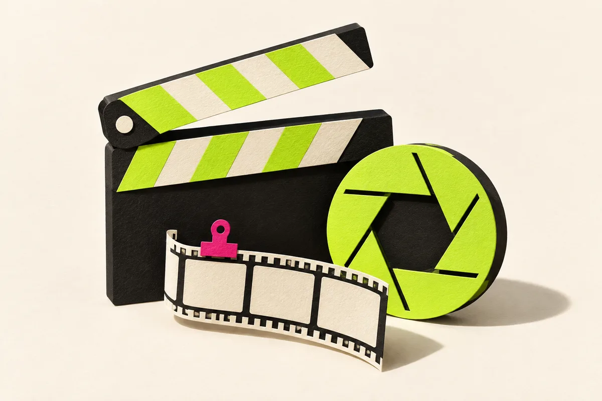 Clapper, ống kính và dải phim giấy mô phỏng quay dựng video quảng cáo