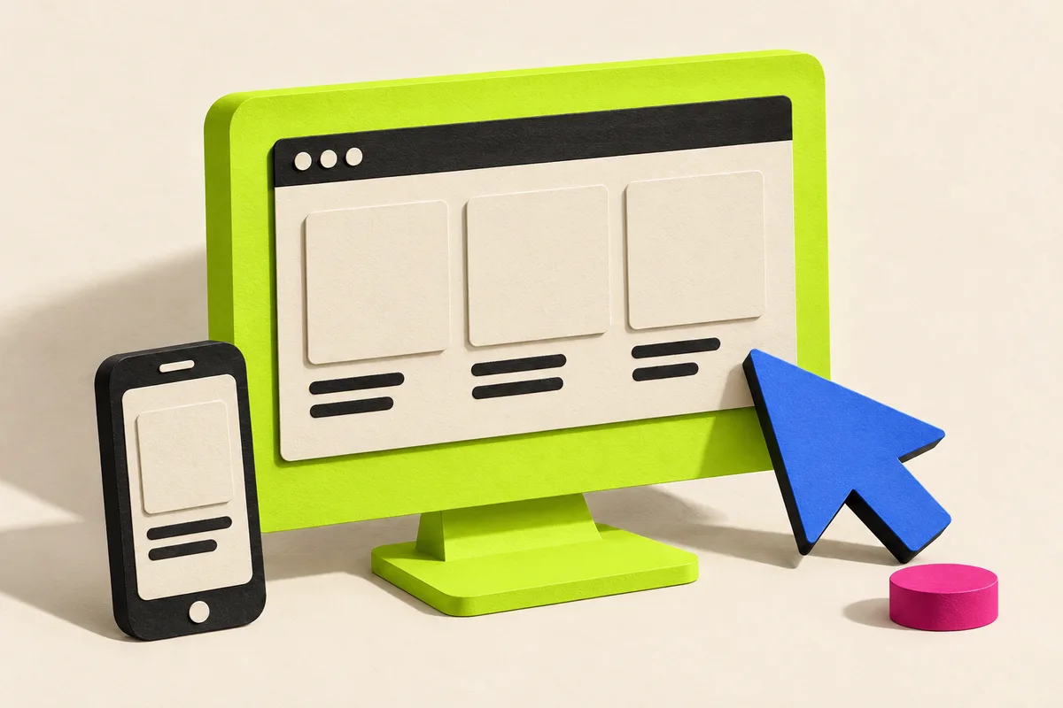 Khung website và con trỏ giấy mô phỏng thiết kế trải nghiệm web